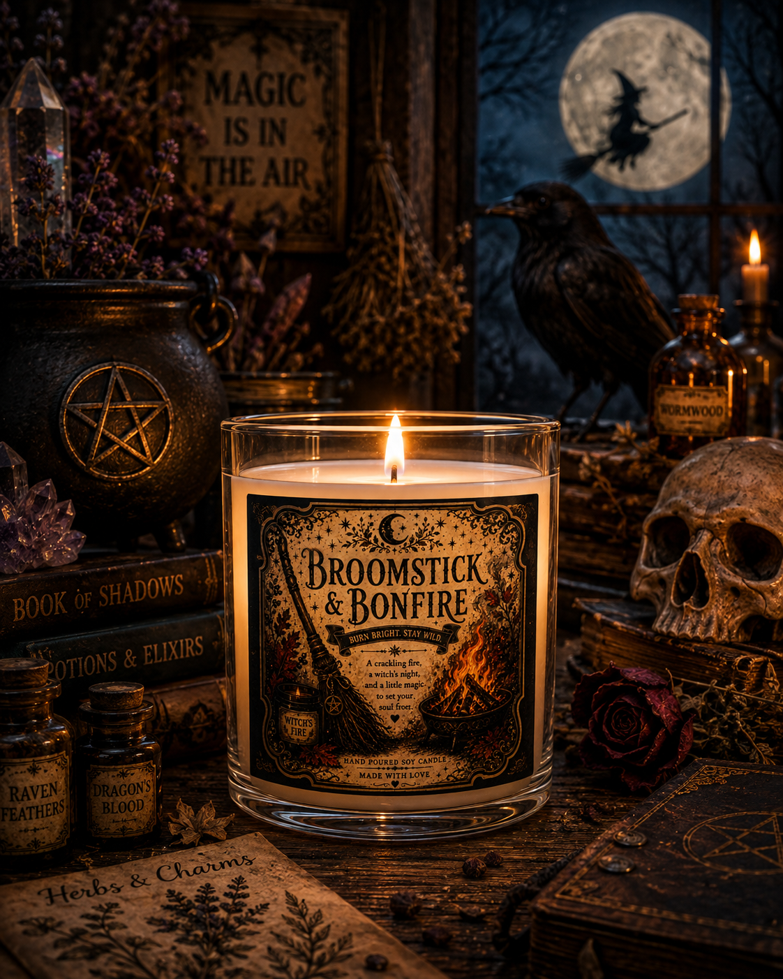 Broomstick & Bonfire Candle | 11 oz Scented Glass Candle