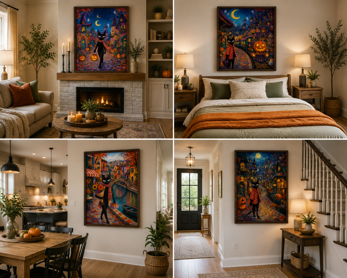 Colorful Naïve Cat Wall Art (Halloween) - Set of 4 Digital Posters